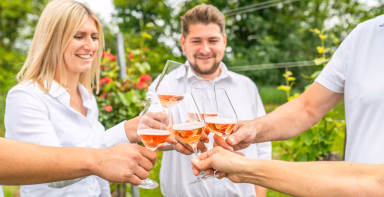 Familie Würger beim Anstoßen mit einem Rose.